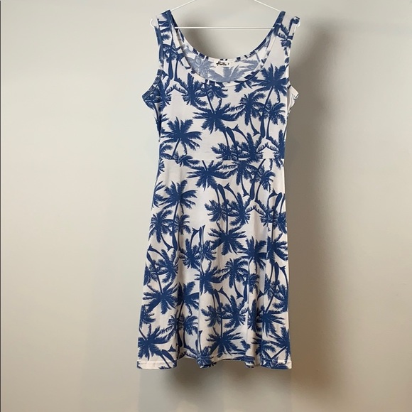 Herou Blue/White Palm Tree Skater Dress (M) - Picture 1 of 4